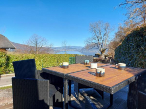 Entre lac et montagne, chaleureuse maison 3 pièces avec très belle vue lac d'Annecy. Terrasse, jardin, parking, cheminée, barbecue ….